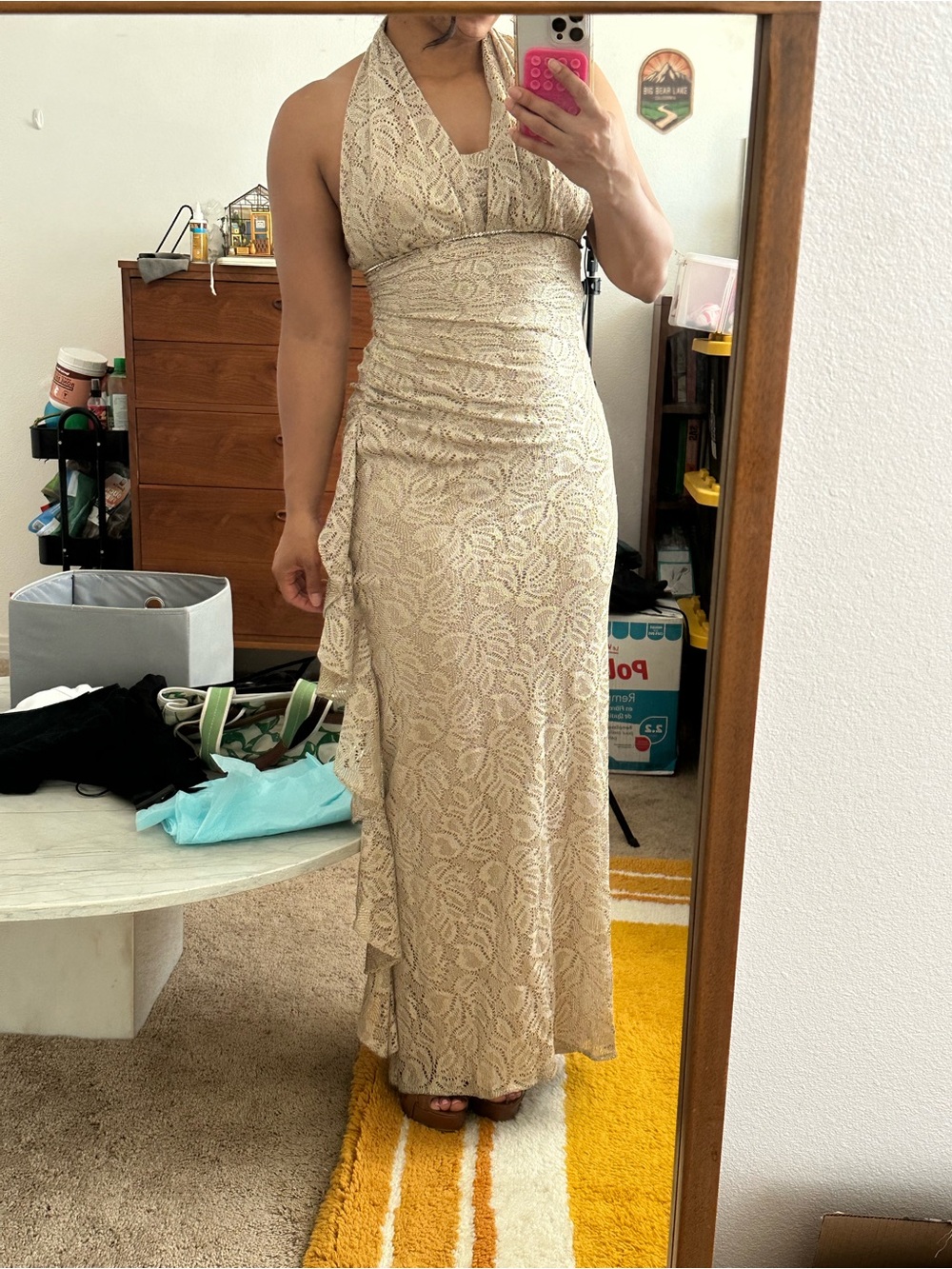 Betsy & Adam Cream Lace Halter Maxi Dress